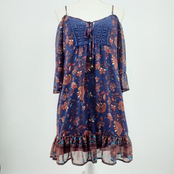 AUW Ruffled hem Floral Sheer boho Navy blue dress Size Medium - Picture 1 of 12